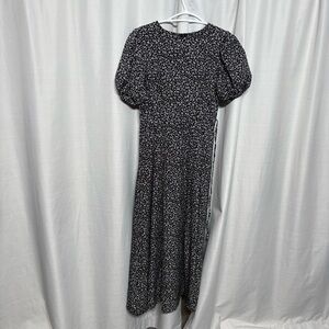 Black and White Floral‎ Midi Dress Puff Sleeve Cottagecore Spring Summer Dress